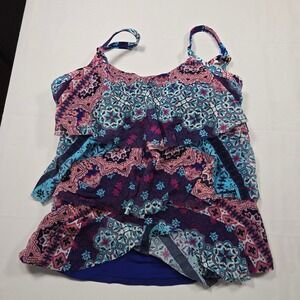Island Waves boho Womens Small Tiered Ruffle Tankini Swim Top Mandala